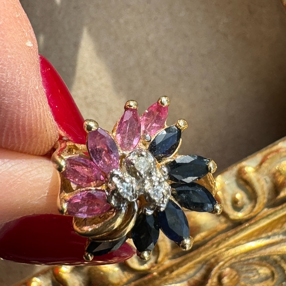 14K Yellow Gold, Pink and Blue Sapphires and Diamonds Ring 4.2g - Picture 12 of 14